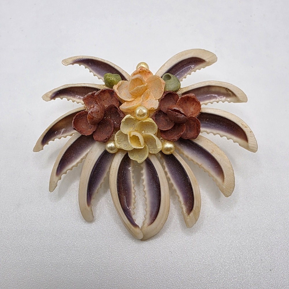 Vintage Shell & Plastic Pin Brooch Colorful Unique Faux Pearl Accents